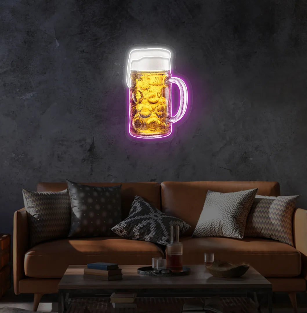 Beer Cup LED neon sign with pink glow mounted on wall.