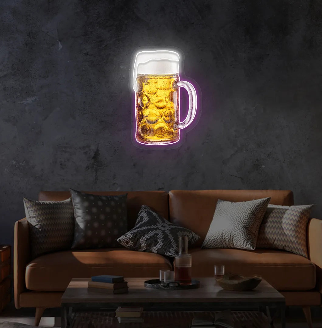 Beer Cup Neon Sign illuminated in purple and mounted on a wall.