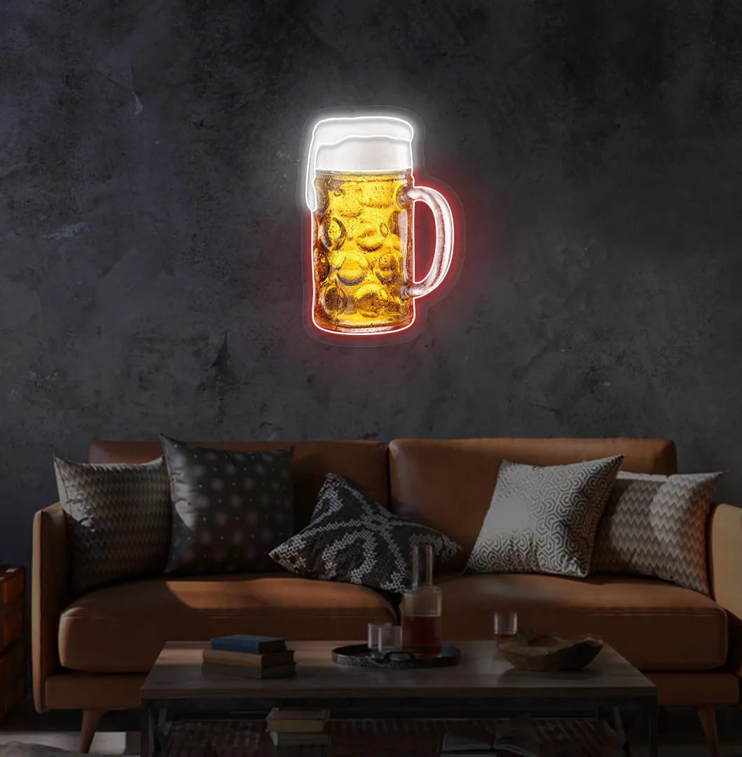 Beer Cup LED neon sign with red glow mounted on wall.