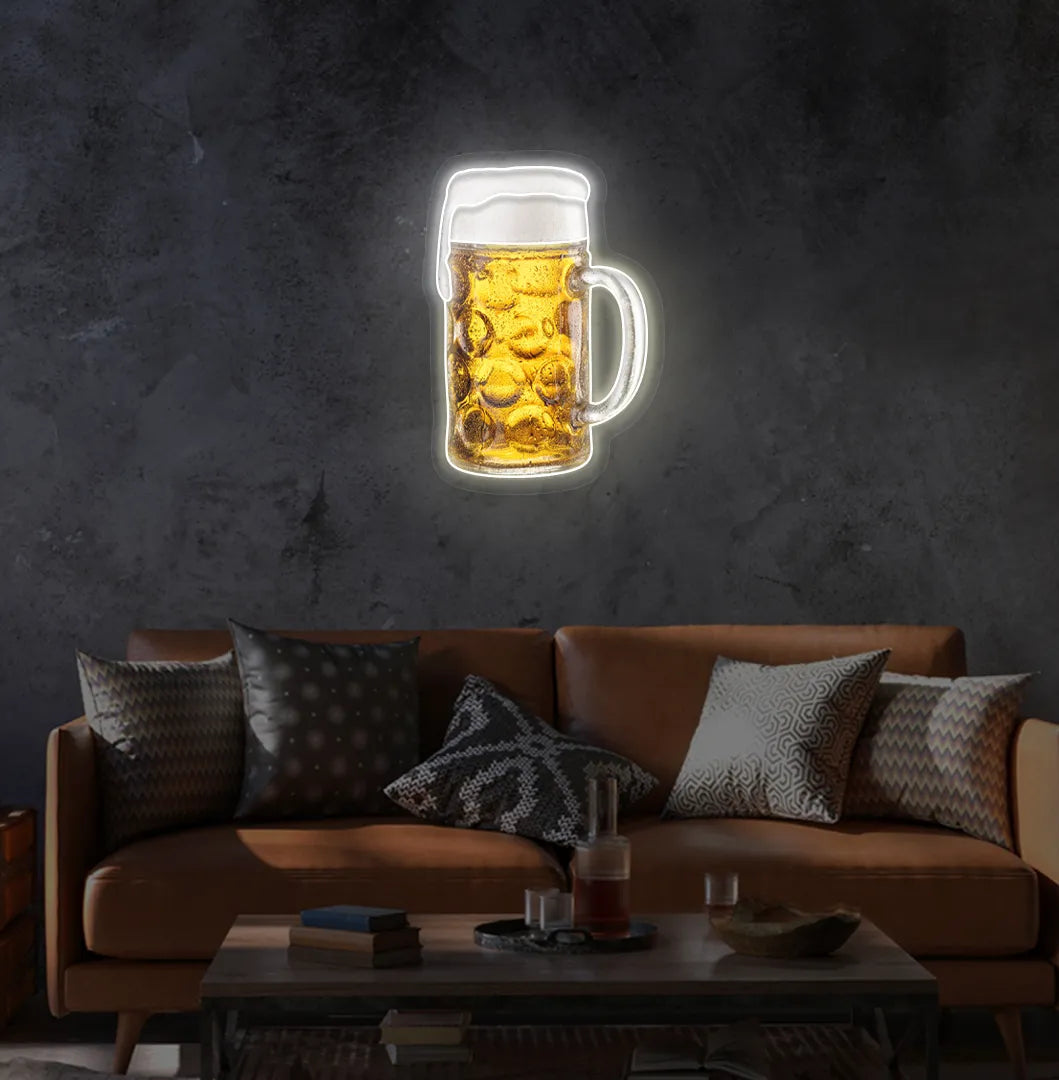 Beer Cup Neon Sign illuminated in warm white and mounted on a wall.