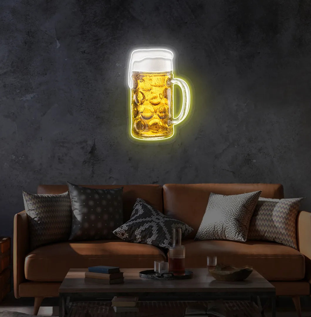 Beer Cup Neon Sign illuminated in yellow and mounted on a wall.