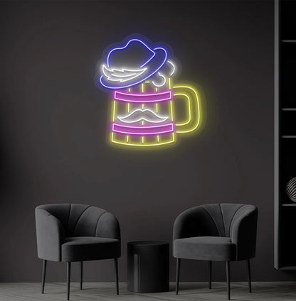 Modern wall decor with beer cup with hat neon sign glowing blue.