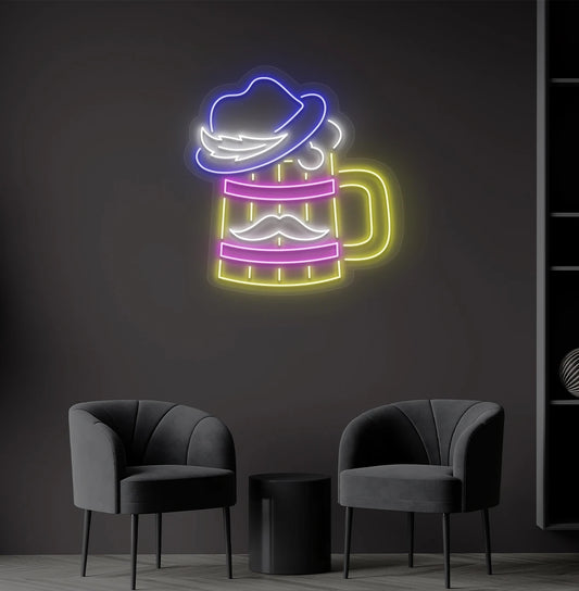 Modern wall decor with beer cup with hat neon sign glowing blue.