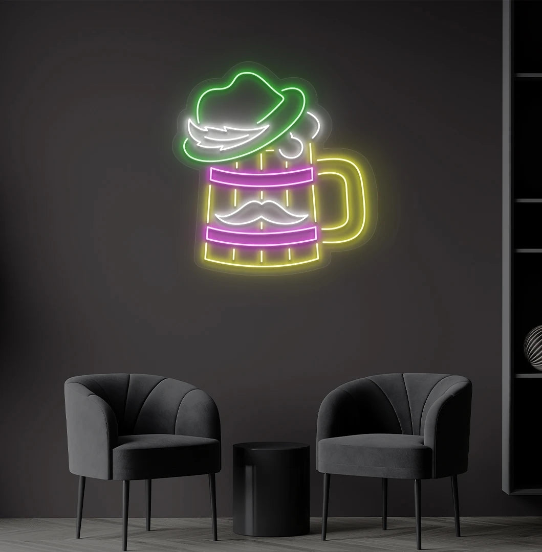Image of a green beer cup with hat LED neon sign for bar wall setup.