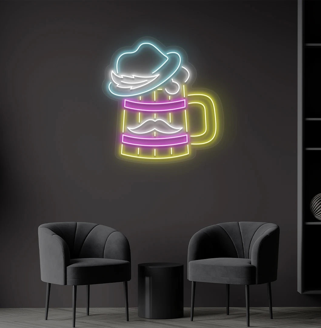 Modern wall decor with beer cup with hat neon sign glowing ice blue.