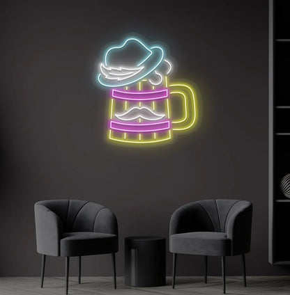 Modern wall decor with beer cup with hat neon sign glowing ice blue.