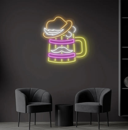 Image of an orange beer cup with hat LED neon sign for bar wall setup.