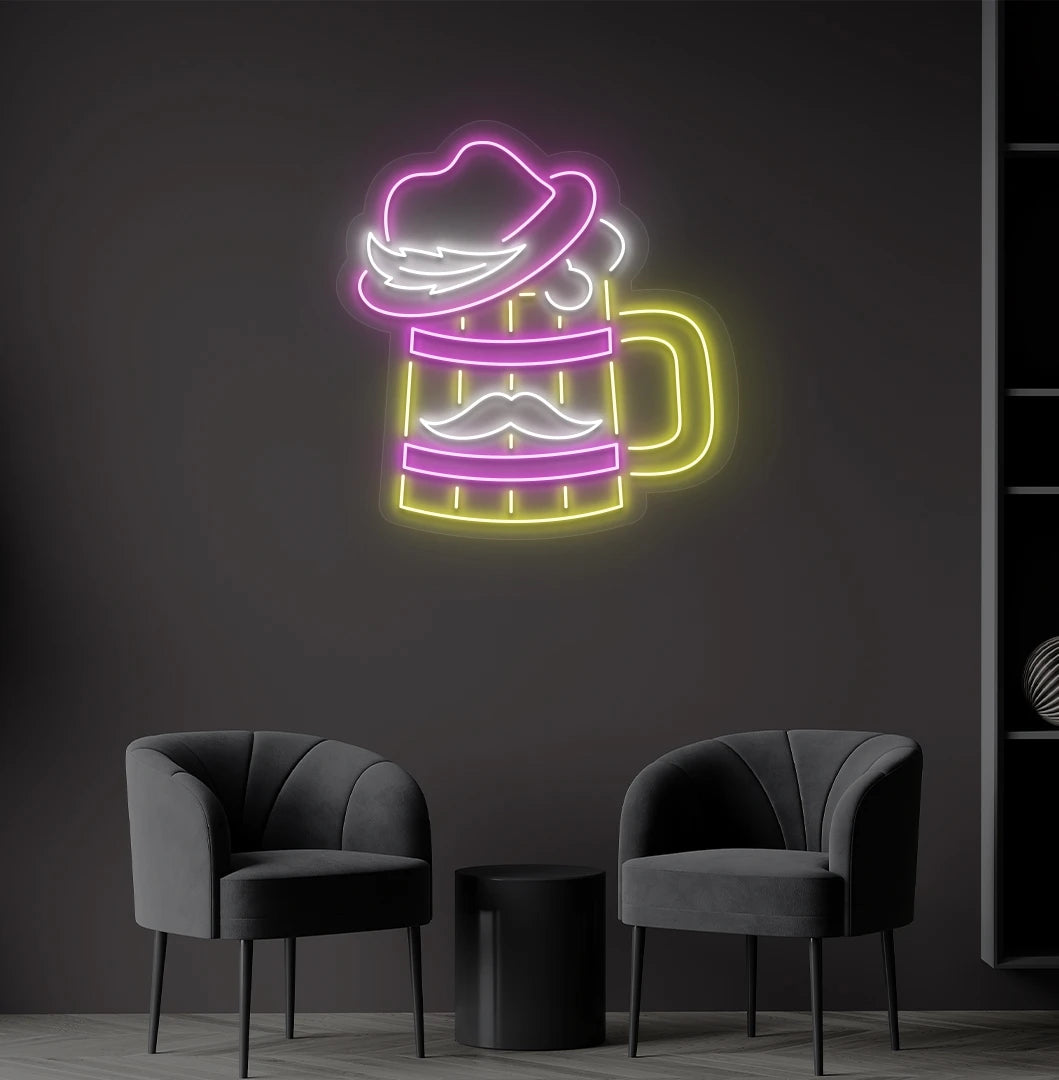 Modern wall decor with beer cup with hat neon sign glowing pink.