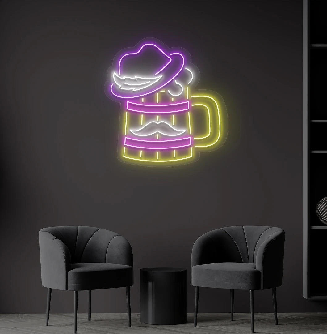 Image of a purple beer cup with hat LED neon sign for bar wall setup.