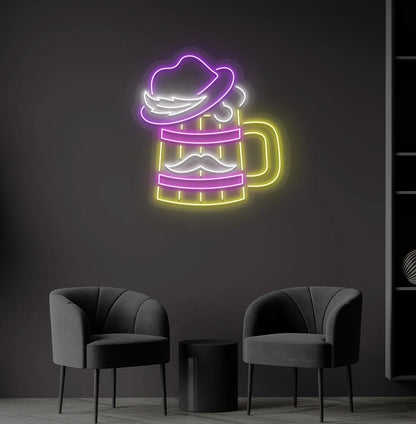 Image of a purple beer cup with hat LED neon sign for bar wall setup.