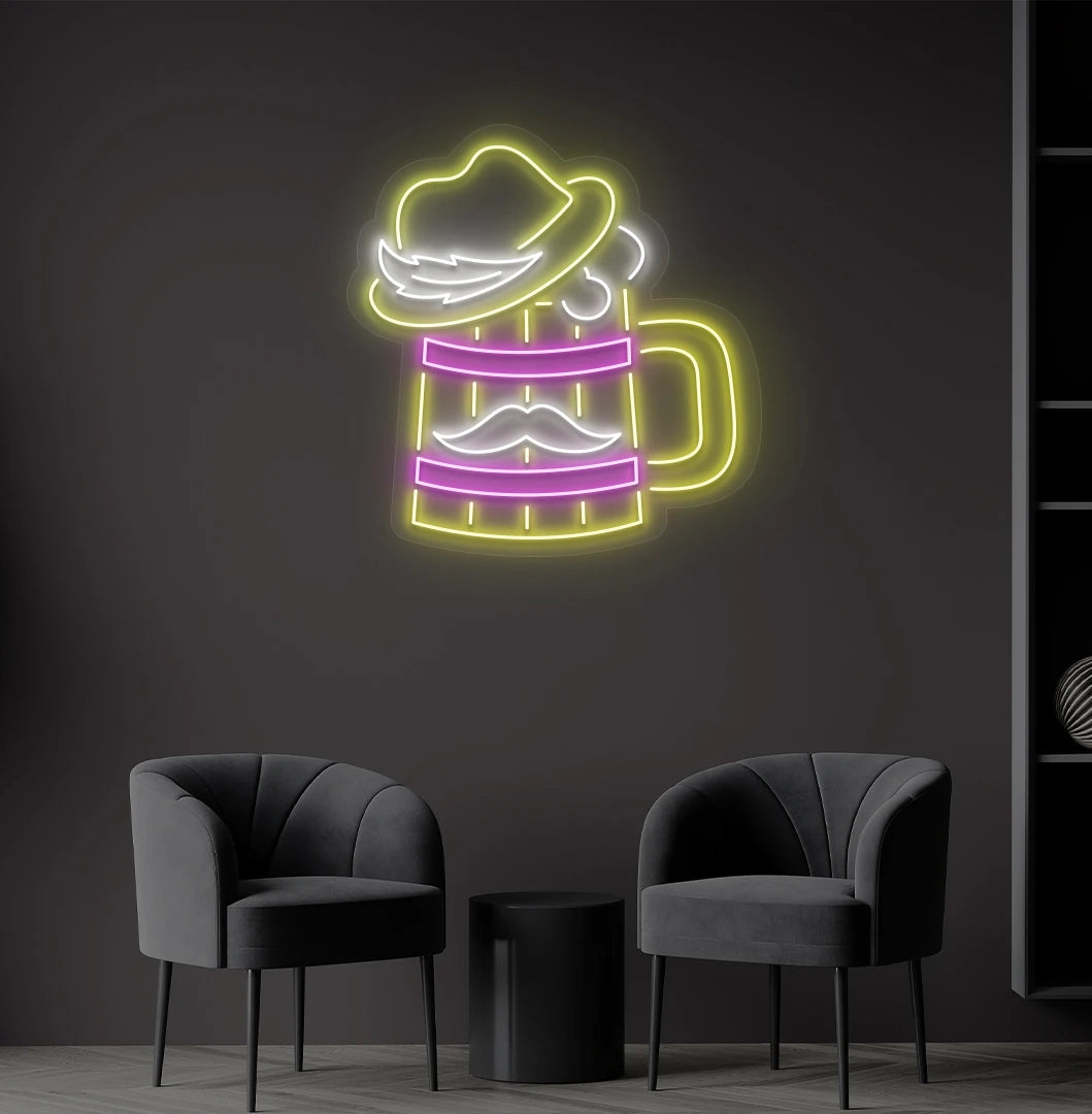 Image of a yellow beer cup with hat LED neon sign for bar wall setup.