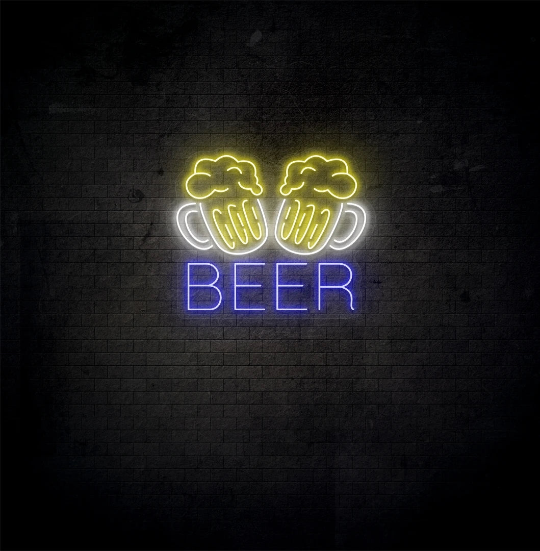 Image of a "Beer cups neon sign" glowing on aesthetic wall in blue color.