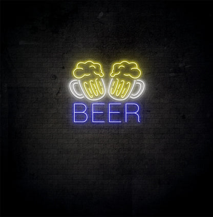 Image of a "Beer cups neon sign" glowing on aesthetic wall in blue color.