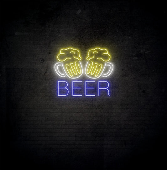 Image of a "Beer cups neon sign" glowing on aesthetic wall in blue color.