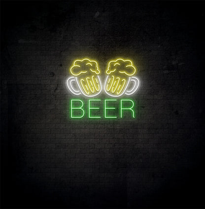 Modern aesthetic wall with beer cups neon sign glowing green.