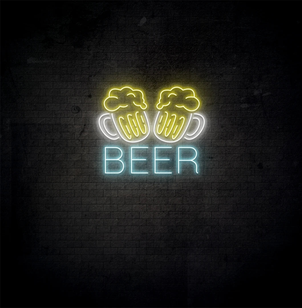 Image of a "Beer cups neon sign" glowing on aesthetic wall in ice blue color.