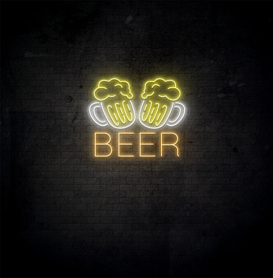 Modern aesthetic wall with beer cups neon sign glowing orange.