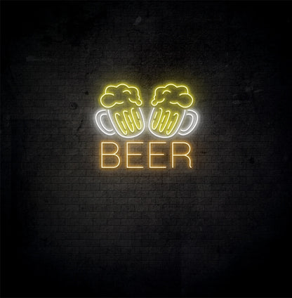 Modern aesthetic wall with beer cups neon sign glowing orange.
