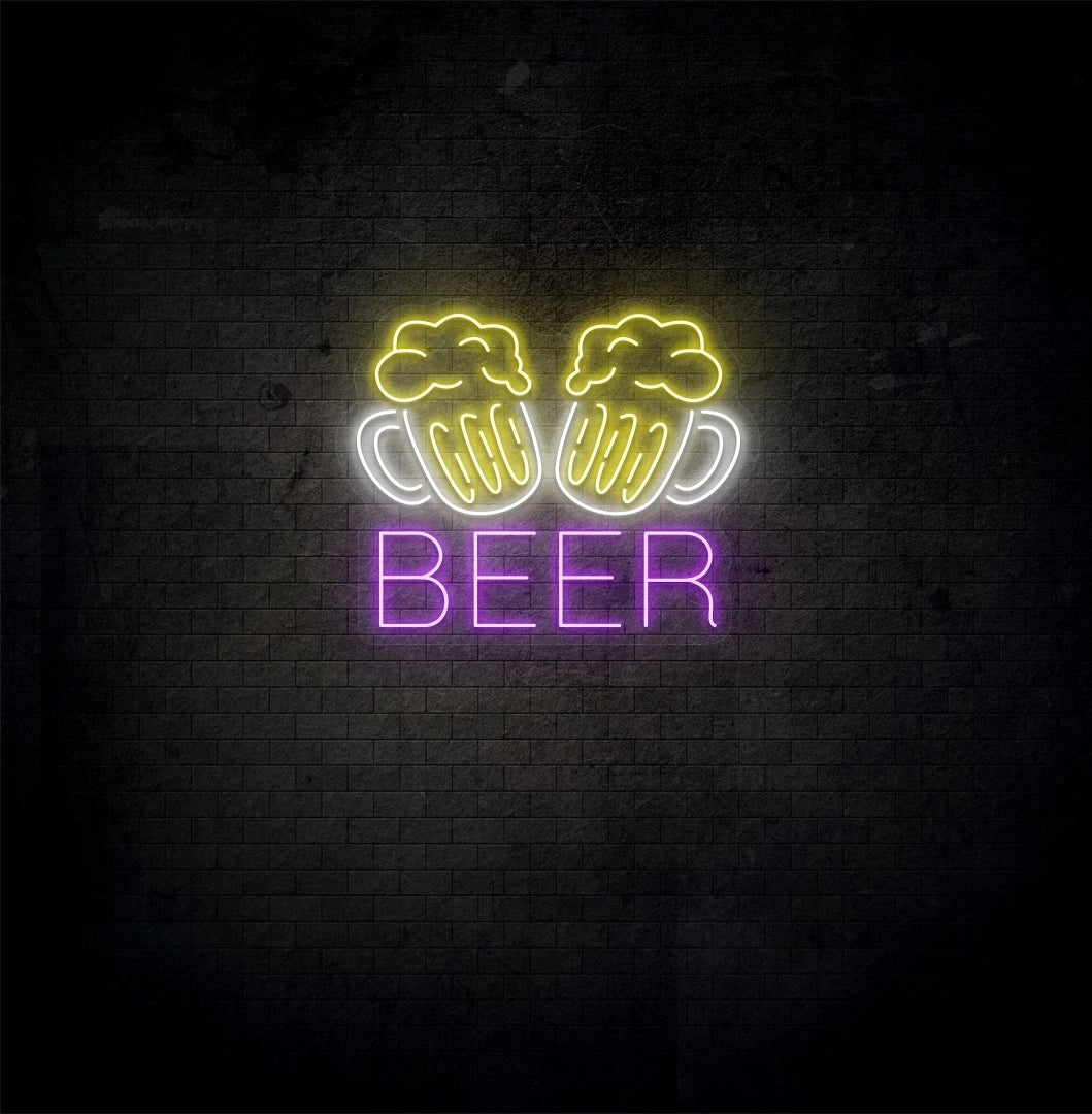 Modern aesthetic wall with beer cups neon sign glowing purple.