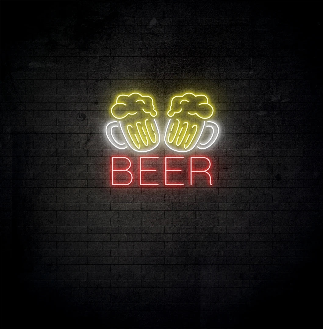 Image of a "Beer cups neon sign" glowing on aesthetic wall in red color.