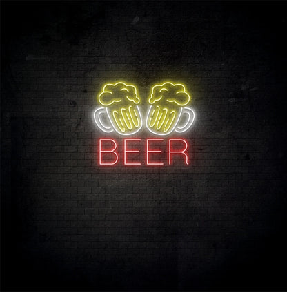 Image of a "Beer cups neon sign" glowing on aesthetic wall in red color.