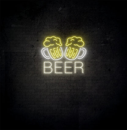 Modern aesthetic wall with beer cups neon sign glowing warm white.