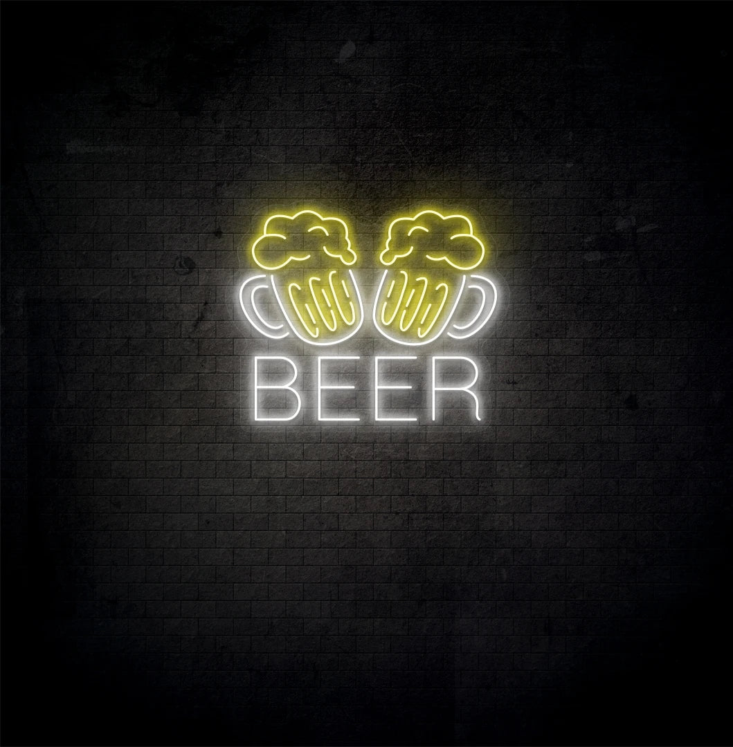 Image of a "Beer cups neon sign" glowing on aesthetic wall in white color.