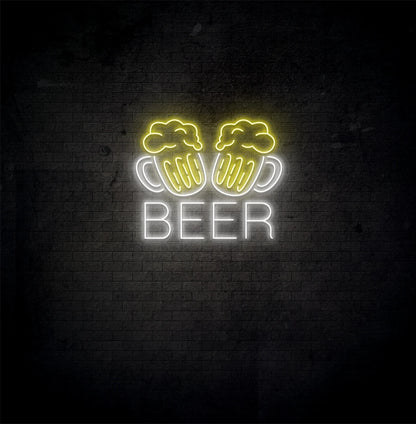 Image of a "Beer cups neon sign" glowing on aesthetic wall in white color.
