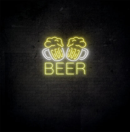 Modern aesthetic wall with beer cups neon sign glowing yellow.