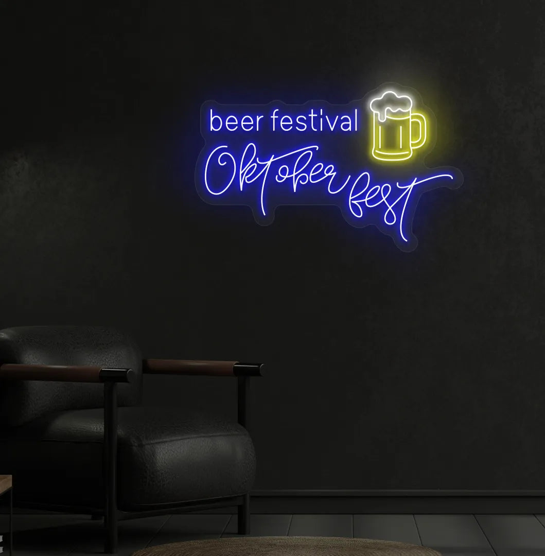Beer Festival Oktoberfest Neon Sign illuminated in blue and mounted on a wall.