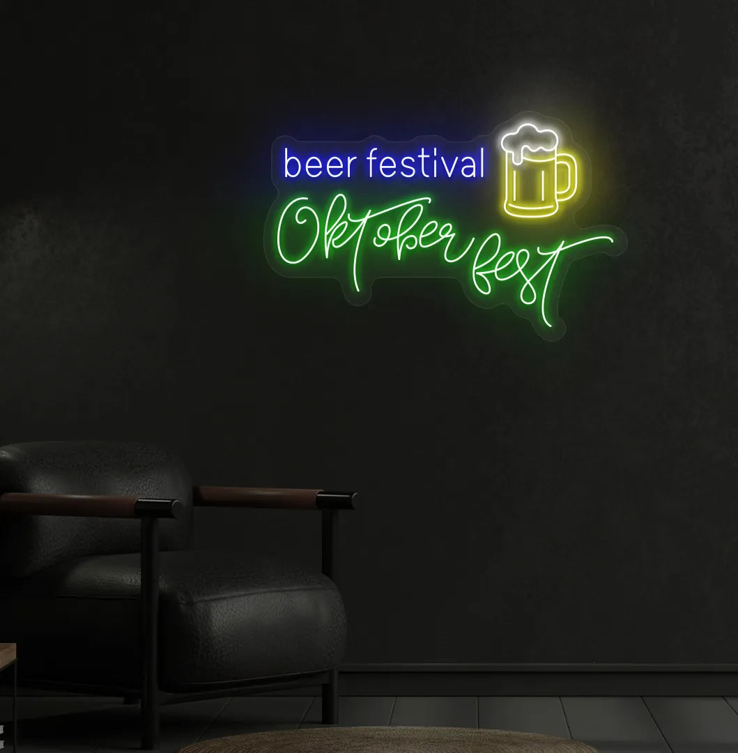 Wall featuring a glowing Beer Festival Oktoberfest green Neon Sign mounted on wall.