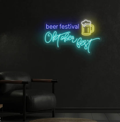 Beer Festival Oktoberfest Neon Sign illuminated in ice blue and mounted on a wall.
