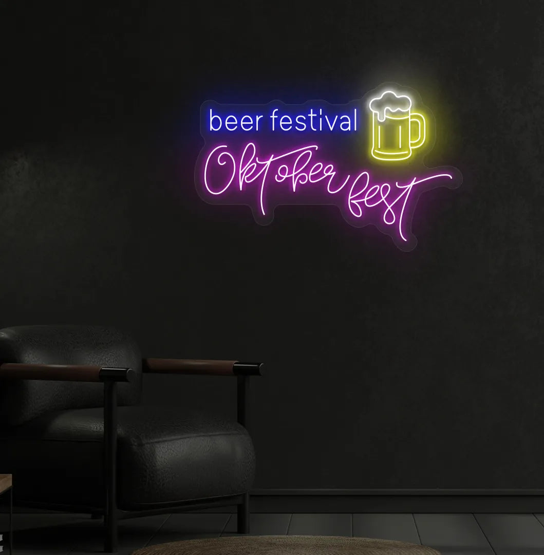 Wall featuring a glowing Beer Festival Oktoberfest purple Neon Sign mounted on wall.
