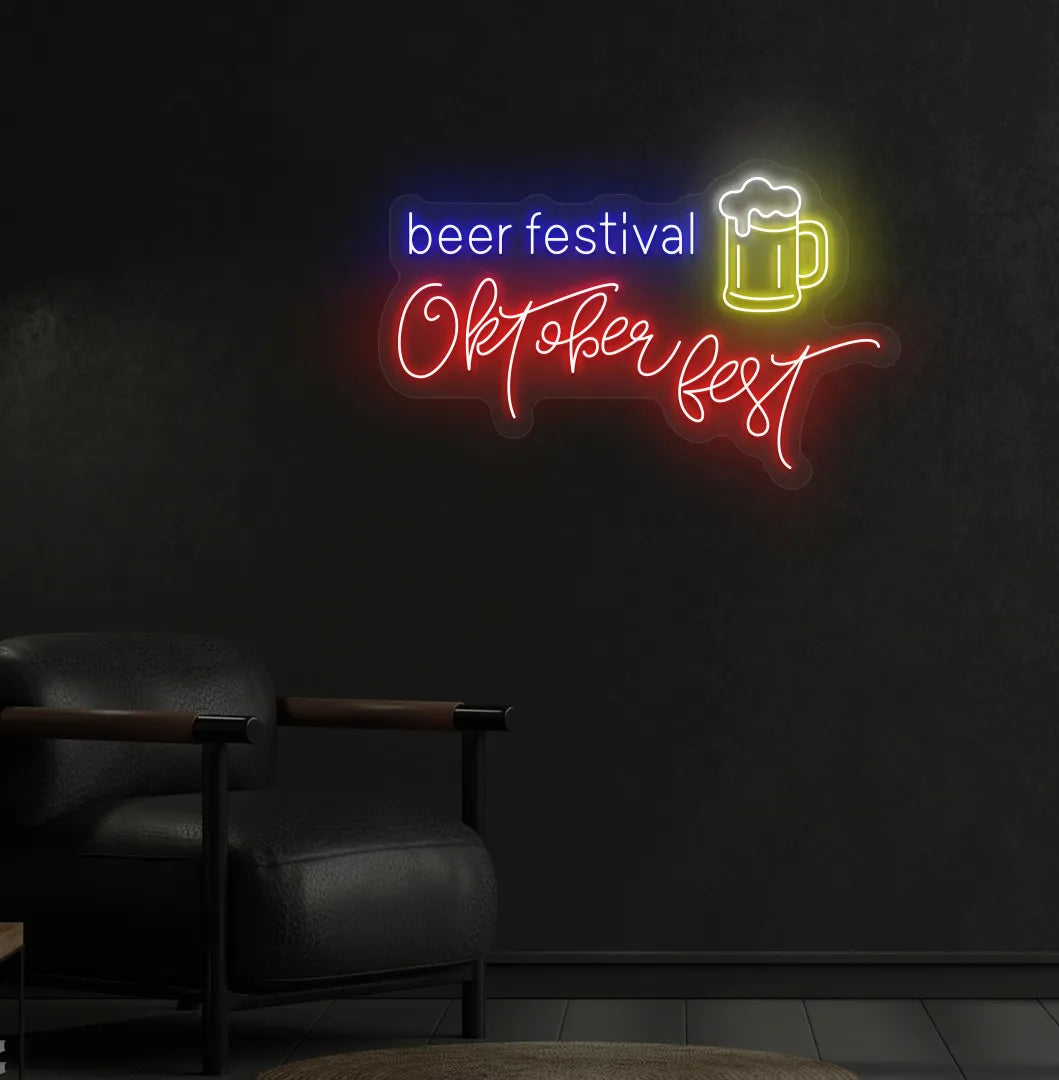 Beer Festival Oktoberfest Neon Sign illuminated in red and mounted on a wall.