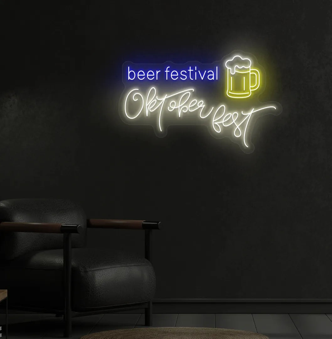 Wall featuring a glowing Beer Festival Oktoberfest warm white Neon Sign mounted on wall.