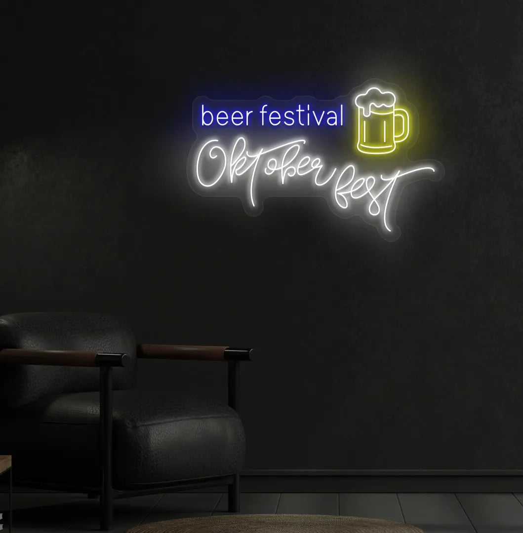 Beer Festival Oktoberfest Neon Sign illuminated in white and mounted on a wall.