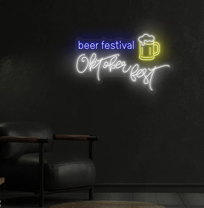 Beer Festival Oktoberfest Neon Sign illuminated in white and mounted on a wall.