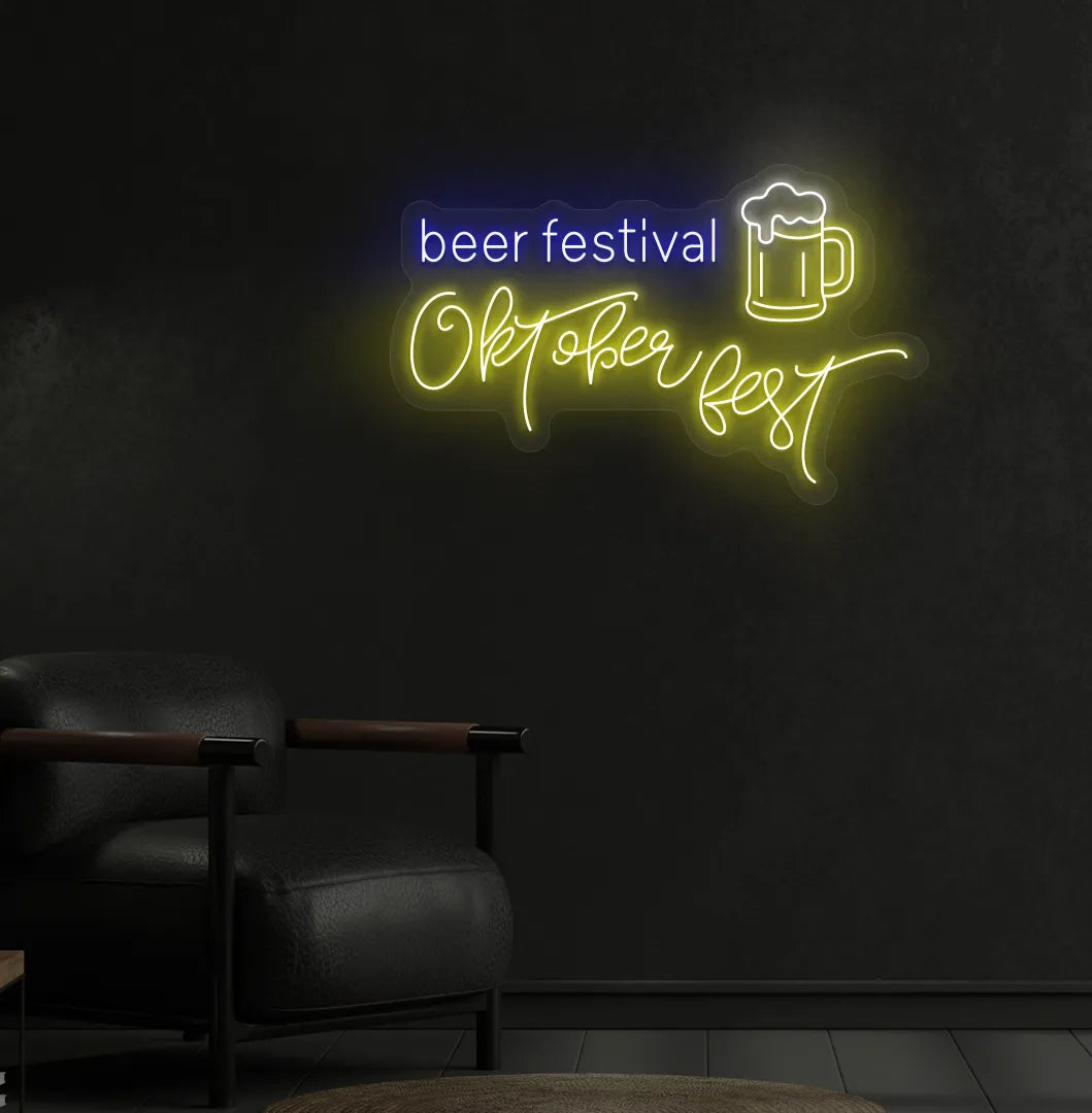 Wall featuring a glowing Beer Festival Oktoberfest yellow Neon Sign mounted on wall.