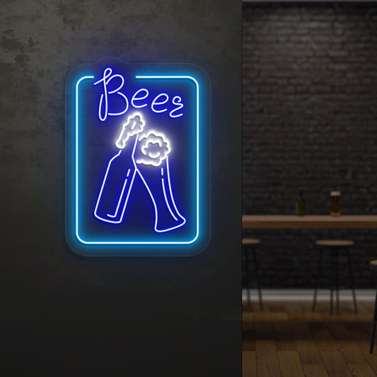 Image of a stylish "beer glass" LED neon sign mounted on wall in blue color.