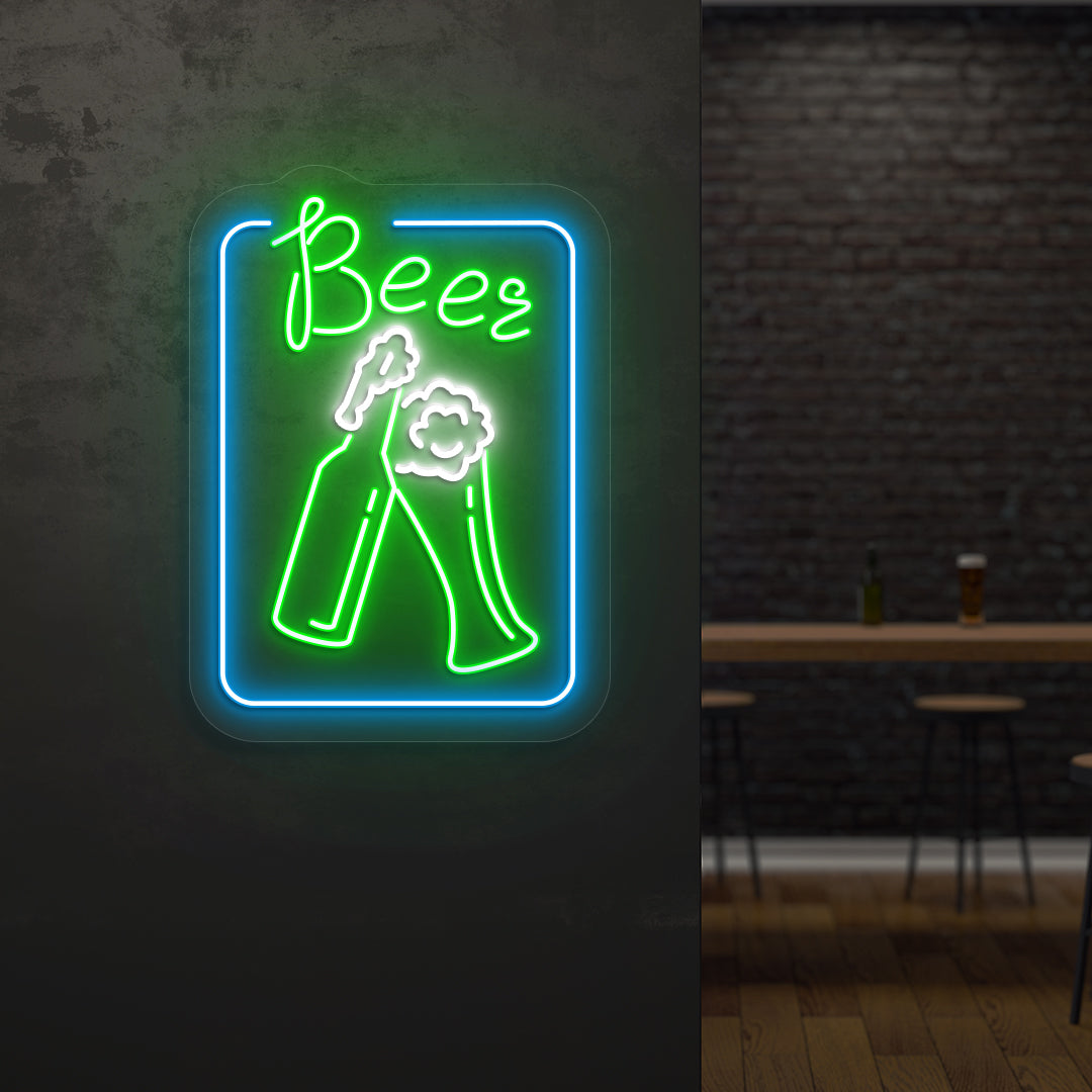 Pub wall with "beer glass" LED neon sign glowing green.