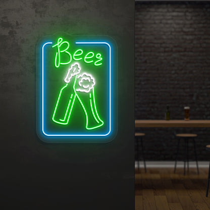 Pub wall with "beer glass" LED neon sign glowing green.