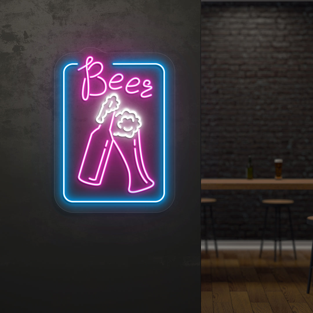 Image of a stylish "beer glass" LED neon sign mounted on wall in pink color.