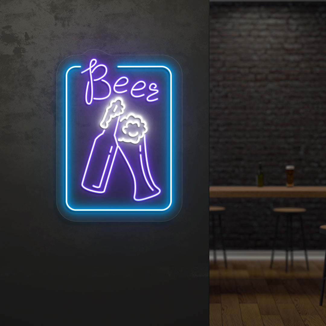 Pub wall with "beer glass" LED neon sign glowing purple.