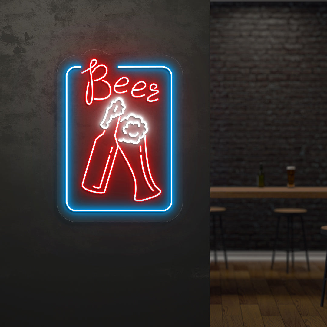 Image of a stylish "beer glass" LED neon sign mounted on wall in red color.