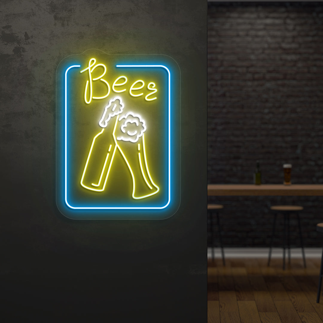 Pub wall with "beer glass" LED neon sign glowing yellow.