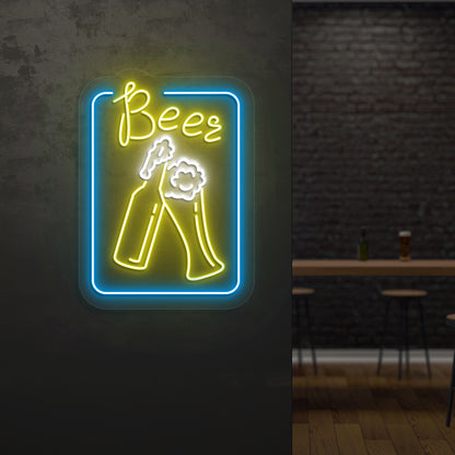 Pub wall with "beer glass" LED neon sign glowing yellow.