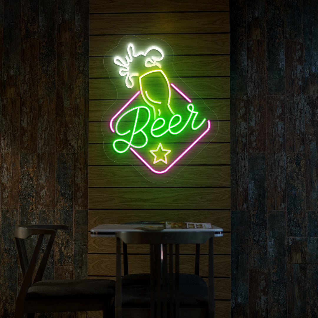 Image of a beer LED neon sign glowing on bar wall in multicolor.