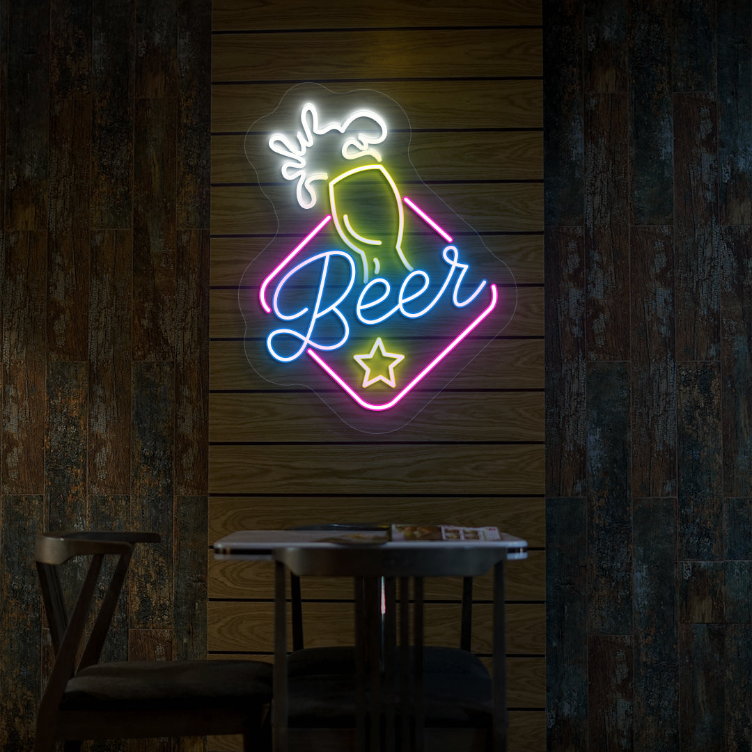 Pub wall with beer LED neon sign in multicolor. Perfect for bars, pubs, home bar setups, restaurants, party, event décor.