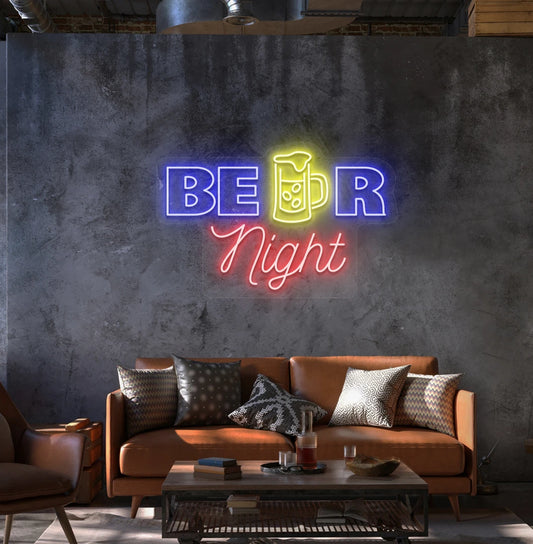 Modern wall decor with beer night neon sign glowing blue.