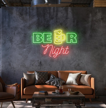 Image of a beer night neon sign mounted on aesthetic wall in green.